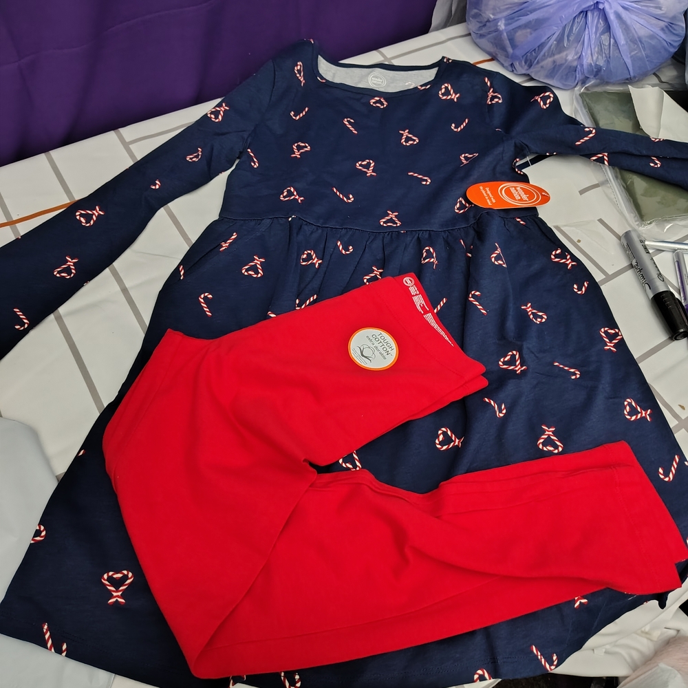 Navy Dress with Red Leggings Set